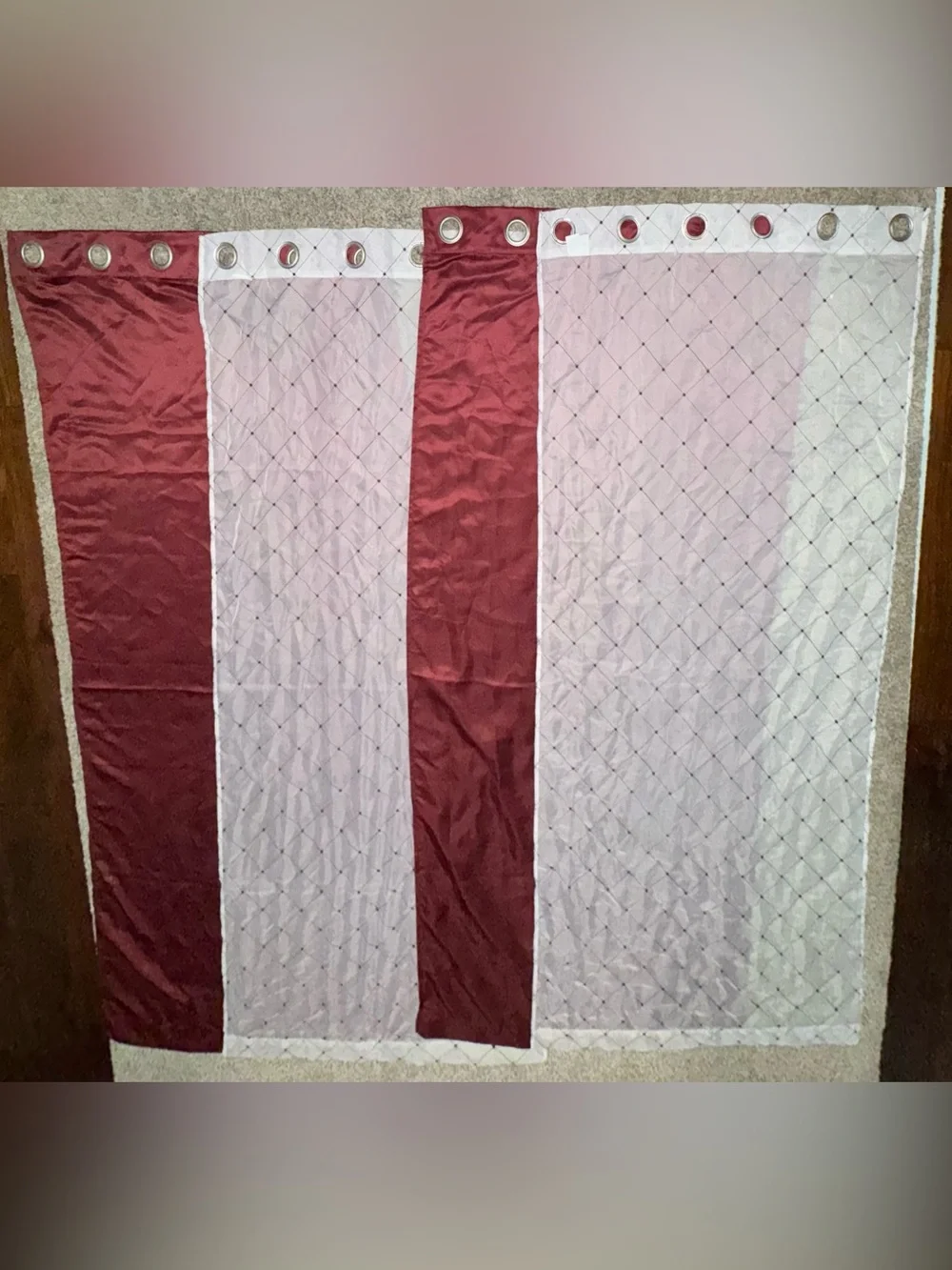 BH&G Maroon Embroidered Lattice Sheer & Twill Weave 4 Piece Curtain Set 84 inch!